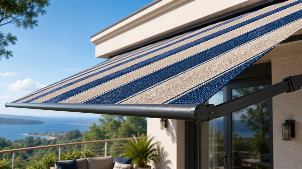 Close-up of high-quality retractable awning fabric showing weave texture and UV-resistant coating