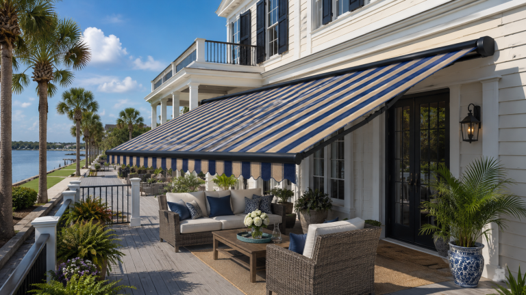 Motorized retractable awning installed on a Charleston SC home patio showing full extension and fabric detail