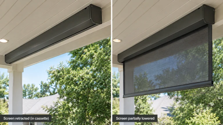 Side-by-side images: left shows a motorized screen fully retracted in its cassette; right shows the screen partially lowered, shading the outdoor area. Both are installed under a white porch ceiling.